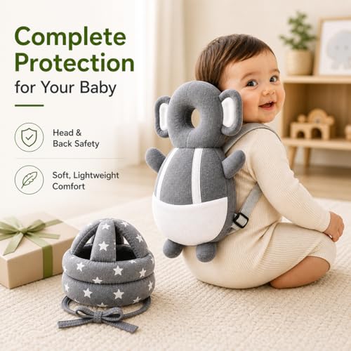 Image of GLUN Baby Back Protector with Head Protective Hat Combo Set, Cute Elephant Shape Soft Cushioning, Adjustable Shoulder Belt, Head Protection Gear for 6-18 Month Toddler Kids