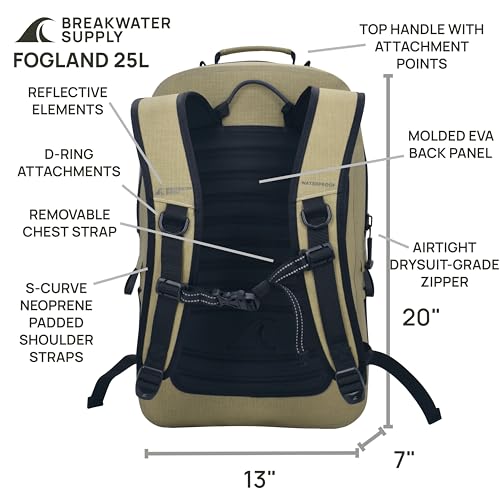 Image of Breakwater Supply Fogland CORDURA Waterproof IP68 Submersible Backpack | Laptop Sleeve & Airtight Zippers for Outdoors, Travel, Hiking, Fishing, Floating Dry Bag, Unisex, TPU (Safari Tan, 25L)