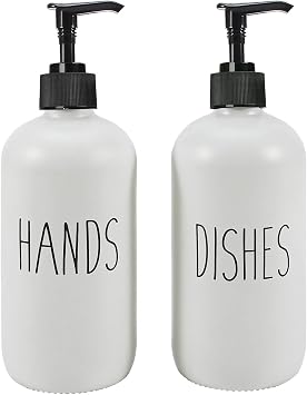 16 OZ Glass Soap Dispenser Set, Dish & Hand Soap, Bathroom & Kitchen, White & White
