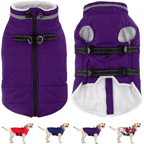 Dogcheer Dog Coat with Harness, Waterproof Dog Jacket Adjustable Dog Winter Coat with Zipper, Christmas Dog Snow Jacket Fleece Sweater for Small Medium Large Dogs - Purple M Cover