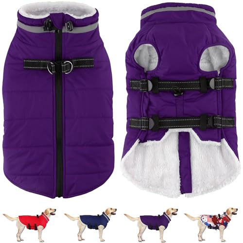 Image of Dogcheer Dog Coat with Harness, Waterproof Dog Fleece Jacket - Purple,XS