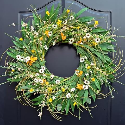 Spring Wreaths for Front Door, Soomeir Summer Green Wreath, Daisy Yellow Green Floral Wreaths,Home Decor Decorations for All Season Farmhouse Outdoor Indoors Holiday (Green Daisy) Cover