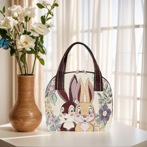 Bolsa de mão tecida com estampa de borboleta, estilo étnico, adequada para todas as suas atividades diárias, Casal de coelhos, Bolsas de mão