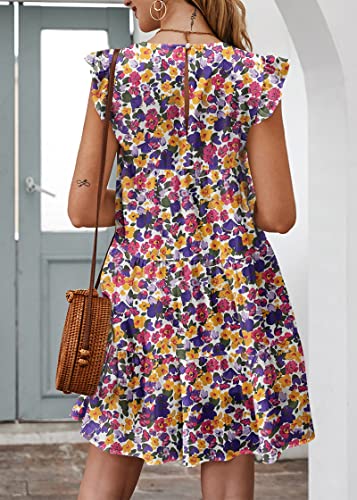 Image of KIRUNDO Summer Dresses for Women Sundress Sleeveless Ruffle Sleeve Round Neck Loose Short Flowy Pleated Mini Babydoll Dress
