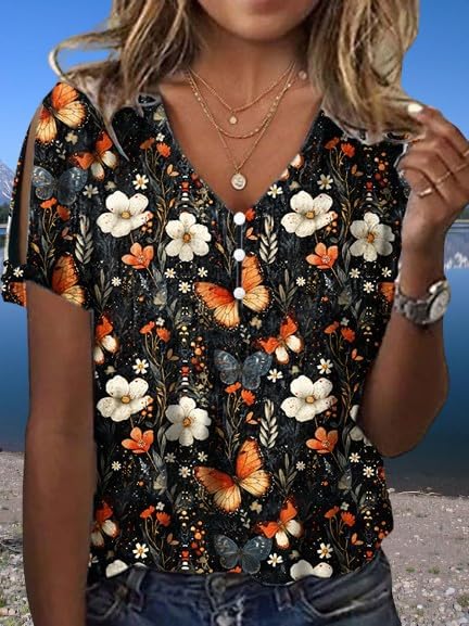 Women Casual Summer Boho Tops V Neck Loose Printed Short Sleeve Floral Blouses Cold Shoulder Peasant Tunic Shirts - Image 2