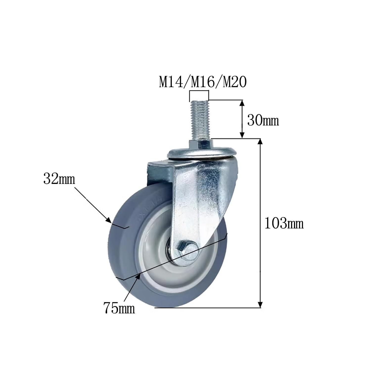 ZYBOWAYL M16 Threaded Stem Caster, 3" 4" 5" Heavy Duty Industrial Caster Wheels, Dual Locking Swivel Caster With Brake, Wear Resistant Furniture Wheel