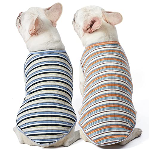 Knuffelen Dog Shirts Vest Cotton Striped T-Shirt, Sleeveless Stretchy Pet Clothes For Small Dogs, 2-Pack Soft Breathable Puppy Tank Top Cat Tee (Small, Blue,Yellow) #TOP6
