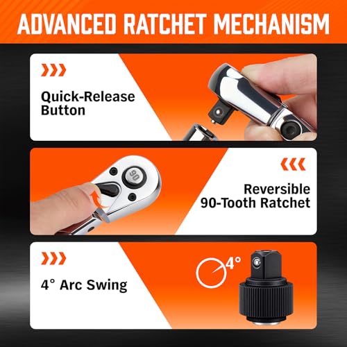 Image of HORUSDY 3 /8 inch Drive 90-Tooth Flex Head Ratchet Handle, 180 Adjustable CR-V Ratchet with Quick Release & Reversible Switch, 4 Swing Arc Socket Wrench for Automotive, Bike & DIY Repair