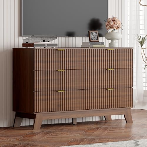 Image of Dresser 6 Drawer Dresser for Bedroom, 47''W Fluted Wooden Dresser Storage Cabinet and Chest of Drawers with Metal Handle, Storage Organizer for Living Room, Hallway, Entryway, Walnut