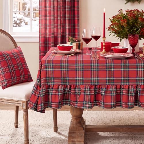 Softalker Christmas Ruffle Plaid Rectangle Tablecloth, Red, 60" x 120"