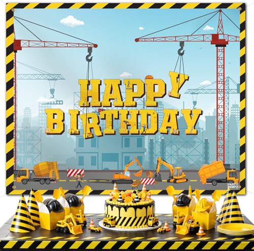 Image of Party Propz Construction Theme Birthday Decoration Backdrop for Boys - 2pcs, Happy Birthday Backdrop Banner, Transport Theme Decorations, JCB Theme Party Decoration (Cloth Banner)