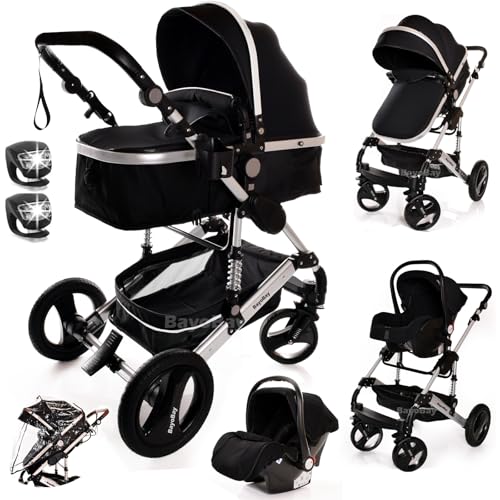 Baby Stroller 3 in 1 Pram Pushchair Buggy Child Lightweight Folding Stroller 3 in 1 Travel System Pram for Newborns Toddlers from Birth Aluminium New Upgraded 2025 Style (Black - Silver Frame)