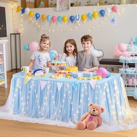 PARTISKY Blue Tulle Tutu Table Skirt for Rectangle Tables or Round Tables,Led Light String Table Cloth for Boys Girls Baby Shower Baby Shark Themed Party Dessert/Cake Tables Cover