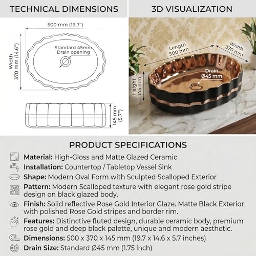 Image of BASSINO 20x15x6 Inches Ceramic Wash Basin Table Top /1 Year Warranty /Unique Countertop Basin for Bathroom /Above Counter Sink for Dining Hall /Living Room /Hotel /Office(Black & Rose Gold Finish)