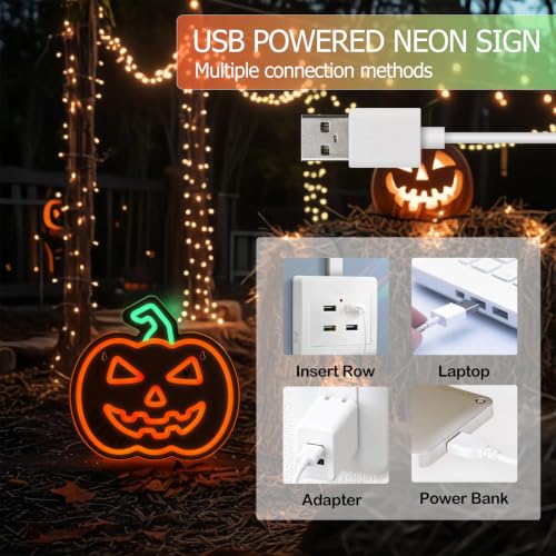 Image of MissAudrey Halloween Light Up Pumpkin Neon Sign, Neon Sign Halloween Window Hanging Lights, Green Orange Acrylic Thanksgiving Art Wall Fall Decor for Home Bedroom Bar Pub Club Party,5V USB Powered