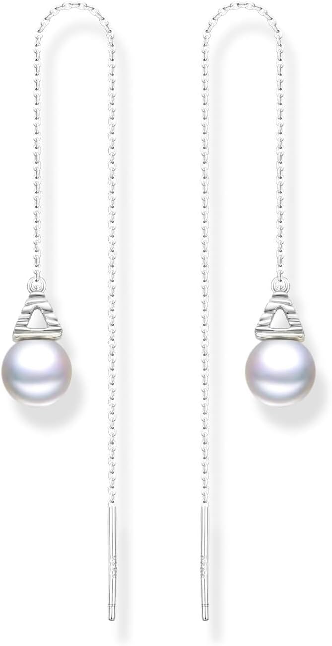 925 Sterling Silver Threader Earring for Women Long Chain Dangle Pearl Earrings Earrings（Silver/14K Gold Plated ）