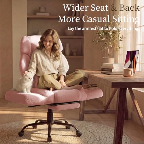 Image of Office Chair with Flip Armrests,Big and Tall Office Chair with Foot Rest,Extra Wide Seat & Lumbar Pillow,Comfy Criss Cross Chair for Pets Sitting,Ergonomic Computer Gaming Chair,Teddy Fleece,Pink