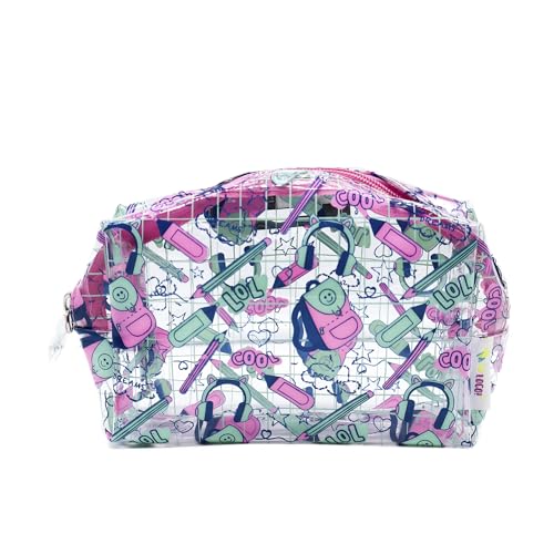 PONETTE – Neceser de Niña Juvenil de Plástico Transparente Estampado de Mochilas, Lápices, Rotuladores en Verde Turquesa, Azul y Rosa, Estuche, Chica, Bolsa de Aseo, Neceser de Viaje, Marca Española