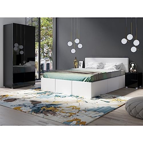 Lomadox Schlafzimmer Set 4-teilig mit Bett 160x200cm, 2 Nachttische, Kleiderschrank 2-TRG. in schwarz Hochglanz mit weißem Kunstleder Modern