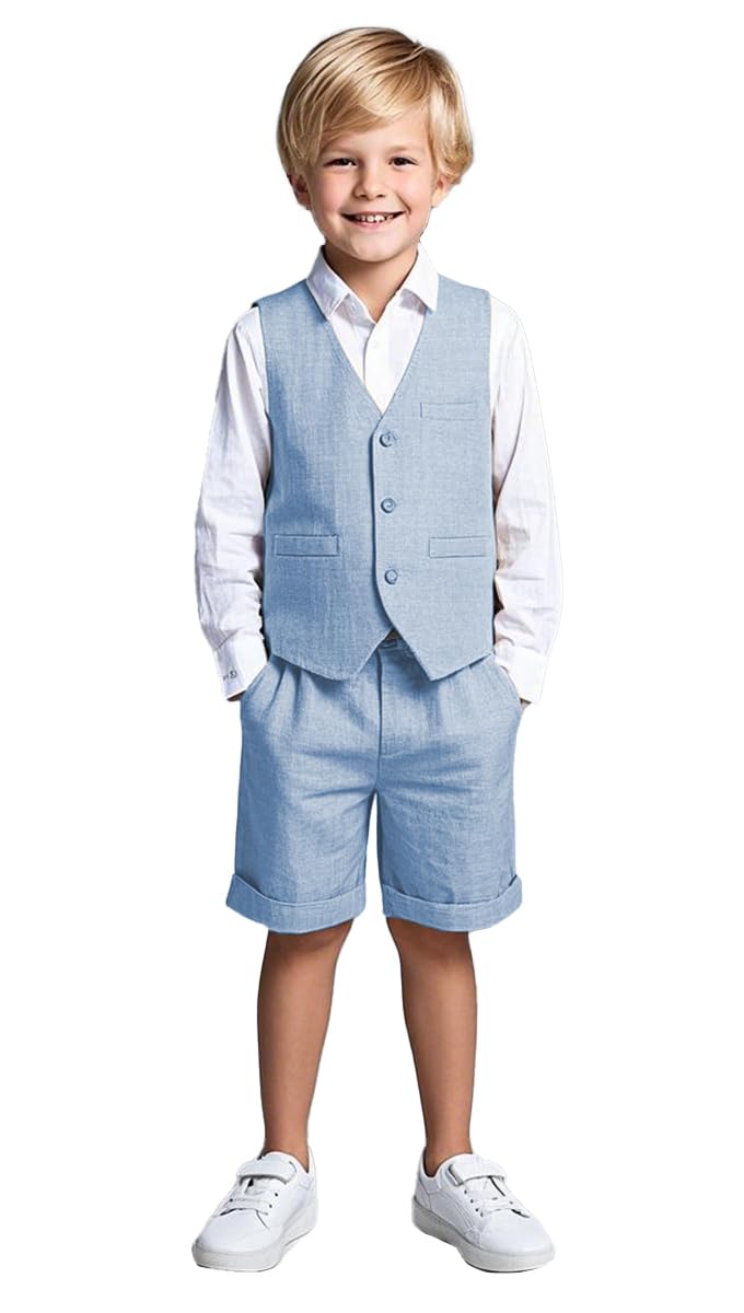 Traje de lino de 2 piezas para niños, chaleco y pantalones cortos, traje de verano para la playa, azul celeste, 16 años