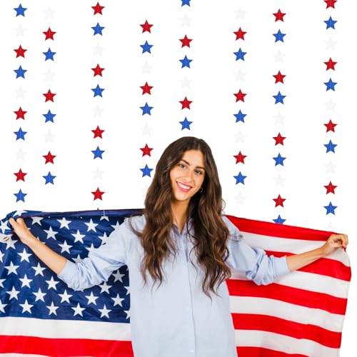 Image of Fourth-4th of July Memorial-Day Party-Decorations - 62ft Patriotic Red-Blue White Twinkle Little Star Hanging Streamers-Garland Banner,Independence Graduation Baby Shower Birthday Decor Hugtmr