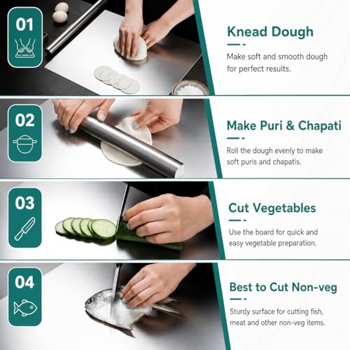 Image of OrganizeMee Premium (35.8 cm x30cm) Stainless Steel Chopping Board | Steel Kitchen countertop for Cutting, Vegetable Chopper, for Meat & Veggies Items, Chopping Board Steel pad (Medium Platform)