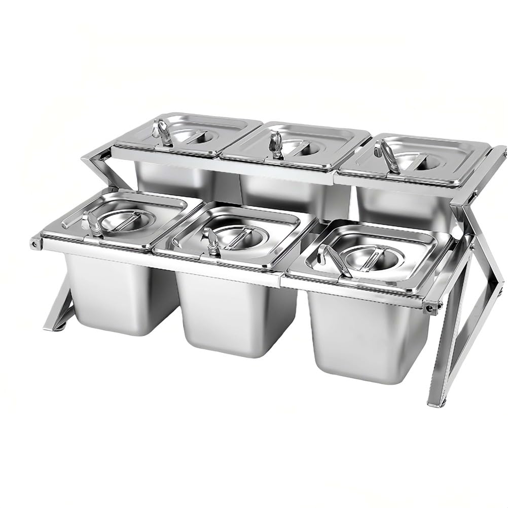Aycdl Silver Spice Organizer - Double Layer Stainless Steel Storage Rack With Lids And Spoons For Efficient Ingredient Prep,-10