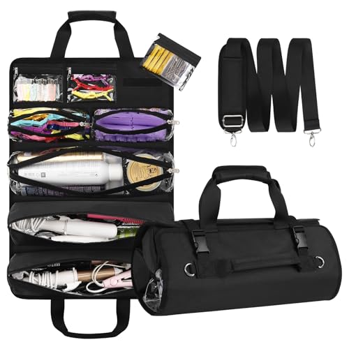 Hair Tools Travel Bag, Roll Up Tool Bag Organizer for Hair Stuff, Hairstylist Traveling Bag with 8 Detachable Zipper Pouch, Professional Cosmetology Bag for Hairdresser Barber, Heat Resistant Lining