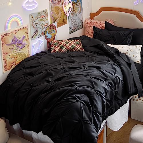 Image of Bedsure Twin Comforter Set Black - Bed in a Bag Twin Size Bedding 5 Pieces, GentleSoft Pintuck Bed Set Gift for Family, All Season Down Alternative Comforter with Sheets, Pillowcase & Sham
