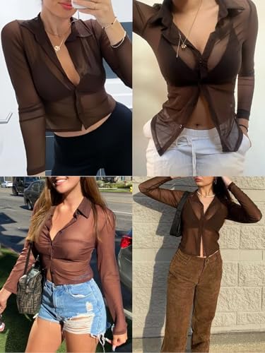 ZANZEA Women's Sexy Mesh Shirt Sheer Button Up Blouse See Through Long Sleeve Crop Top2