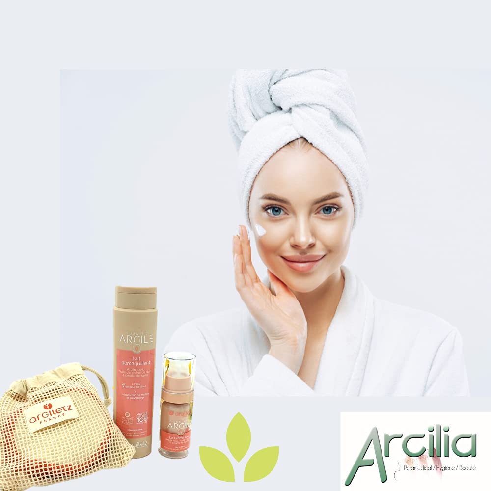 ARCILIA - KIT ROUTINE NUIT ARGILETZ - LAIT DÉMAQUILLANT, COTON DÉMAQUILLANT LAVABLE RÉUTILISABLE EN COTON BIO ET CRÈME DE NUIT À L'ARGILE ROSE - TOUS TYPES DE PEAUX
