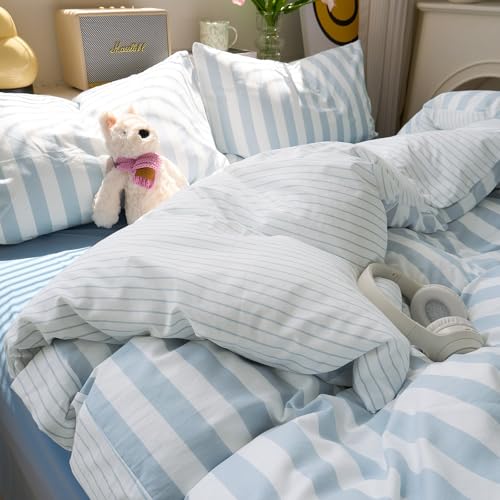Image of EAVD Retro Blue Striped Duvet Cover King Soft Washed Microfiber Reversible Vertical Striped Percale Bedding Set with 2 Pillowcases Farmhouse Geometric Duvet Cover with Zipper Closure