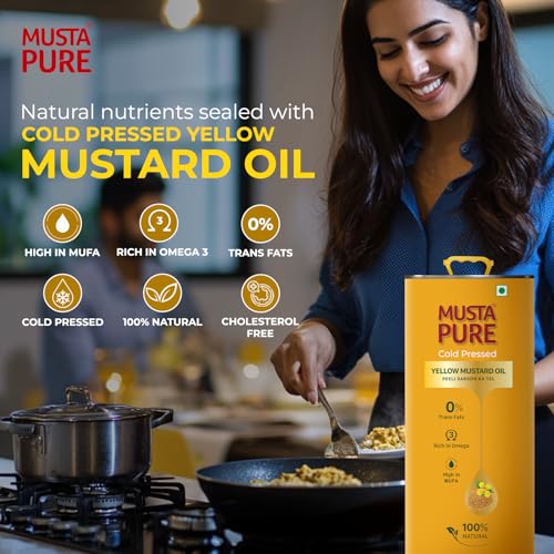 Image of Musta Pure Cold Pressed Yellow Mustard Oil 5 Litre Cooking Oil, Unrefined, Naturally Cholesterol Free, A1 Grade Real Mustard Seeds For Natural Aroma & Flavour For Roasting, Frying, Baking - Tin