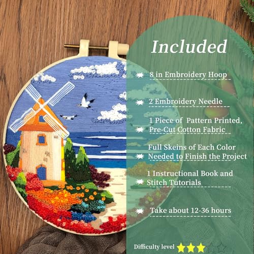 Image of FONNUY Embroidery Kit for Beginners, Boho Nature Landscape Pre-Stamped Pattern Kits for Adults with Hoop, Easy to Follow Color Thread Needlework, 8'' Hoop (Beach House)
