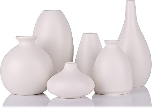 Juego de 6 jarrones pequeños de color blanco mate para flores, jarrón de cerámica a granel Boho centros de mesa para mesas, mini jarrón corto