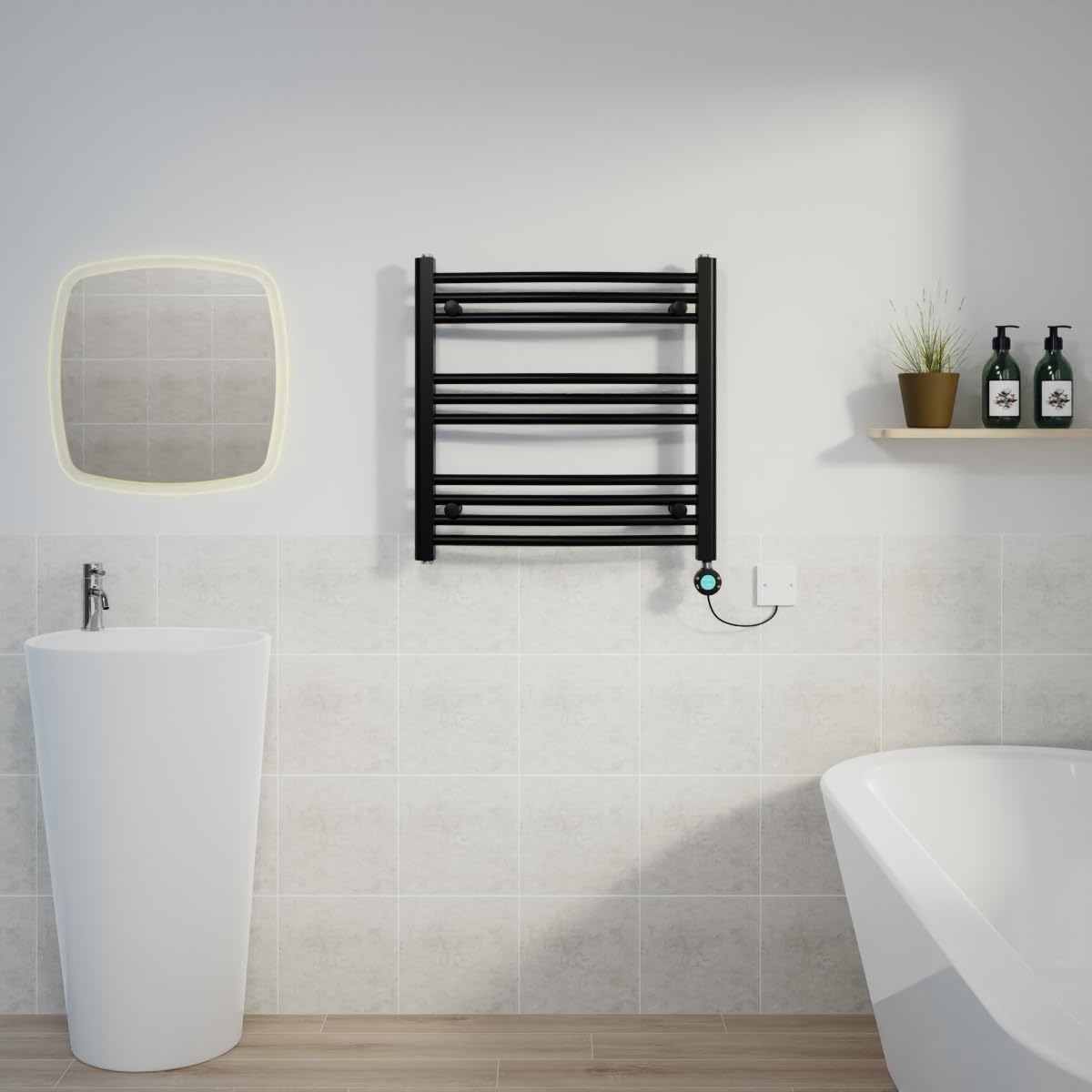 Warmehaus Electric Heated Towel Rail Curved Black Thermostatic Bathroom Towel Radiator with Timer Prefilled - 600x600mm 400W