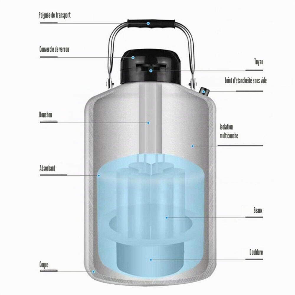 Fayelong D'azote Liquide Réservoir Container de Congélation Réservoir cryogénique Ln2 avec 3 seaux et sac de transport (10L)