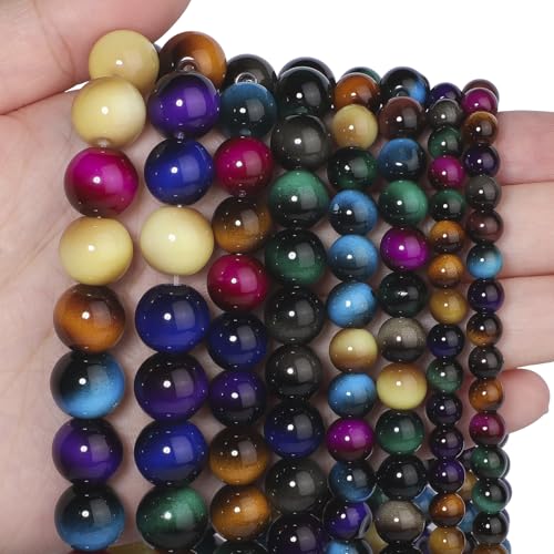 Song Xi 38PCS 10mm Mixed Color Tiger Eye Gemstone Beads for Jewelry Making Round Smooth Glass Beads for DIY Bracelet Necklace Earring Keychain Arts and Crafts for Christmas Wedding Birthday
