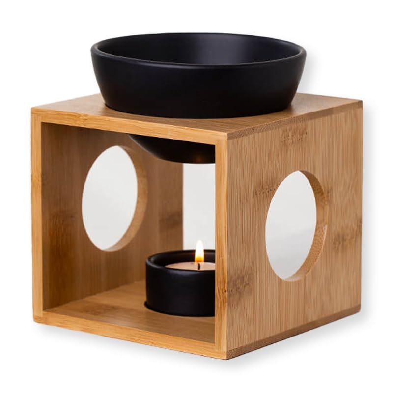 rooted. Lámpara aromática de bambú con vela de té, diseño de bambú y cerámica, calentador de madera para aceites esenciales, aceite aromático y cera aromática, color negro natural y mate, calidad de