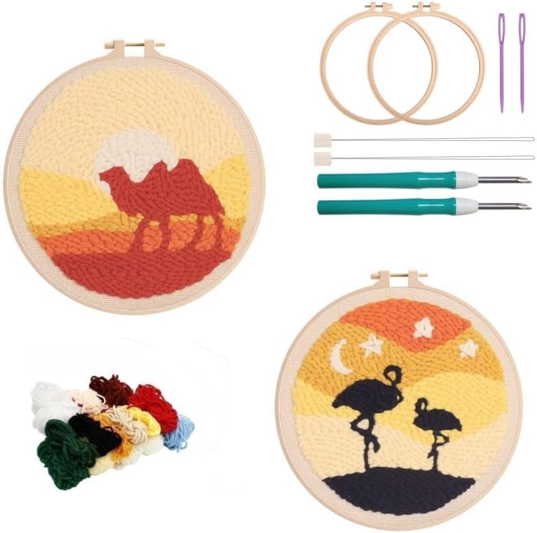 2 Pack Easy Punch Needle Embroidery Moon Light Flamingo Starter Kits for Kids and Adults Beginners with Punch Needle Tool,Threader, Stamped Fabric Embroidery,Hoop,Pen, Punch Needle Kits