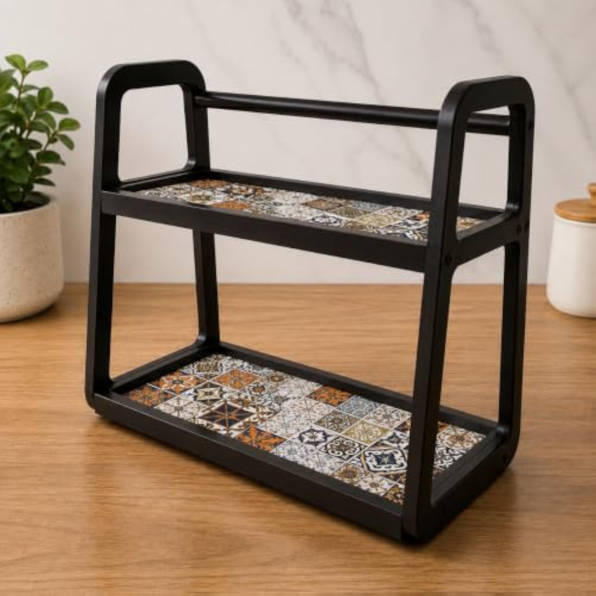Printed Pattern Kitchen Organizer Rack, 2 Tier Wooden Spice Rack