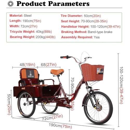 Triciclo para adultos con capacidad para pasajeros y carga, bicicleta de 3 ruedas de 20 pulgadas, triciclo ajustable en altura para hombres, mujeres y adultos mayores, ideal para ciclismo, salidas al aire libre y picnics (gris) miniatura 2