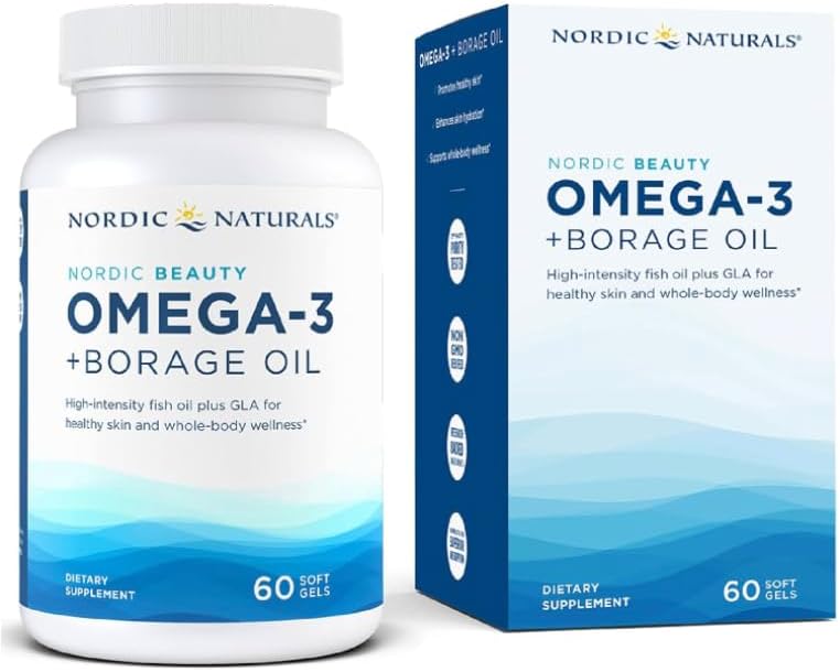 Nordic’s Beauty Omega-3 + Borage Oil, Natural Lemon-Flavored – – Fish Oil Supplement for Skin Health and Hydration – Non-GMO – 60 Soft Gels