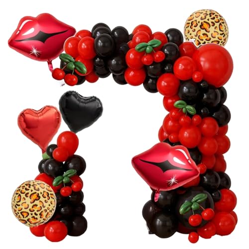 142pcs Cheetah Balloon Arch Kit - Red Black and Cheetah Birthday Decorations with 4D Leopard Print Balloons，Cherry Lips Balloons for Baby Shower,Girls Night，Bachelorette Party，Cherry Theme Decor