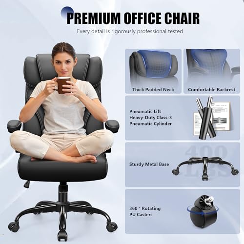 Image of Primy Office Chair, Ergonomic Leather Desk Chair with Flip-up Armrests, Big and Tall High Back Executive Computer & Gaming Chair with Footrest, Comfy Padded, Rocking Function and Lumbar Support(Black)