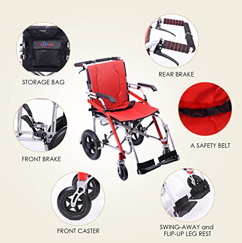 Hi-Fortune Magnesium Wheelchair 21 Lbs Lightweight Transport Medical Chair With Flip Back Armrests, Hand Brakes And Cushion, Portable & Folding, 18" Seat, 220 Lbs Weight Capacity, Red #TOP6