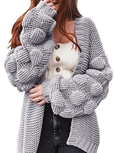 FERBIA Women Oversized Cardigan Knitted Cute Chunky Sweaters Wrap Long Fall Pom Pom Open Front Knit Grey