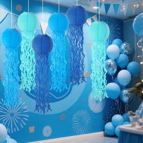 Image of Set of 6 Hanging Jellyfish Paper Lanterns Blue Jellyfish Decor for The Sea Ocean Party, Mermaid Birthday Decoration, Baby Shower, Nautical Events (Blue)