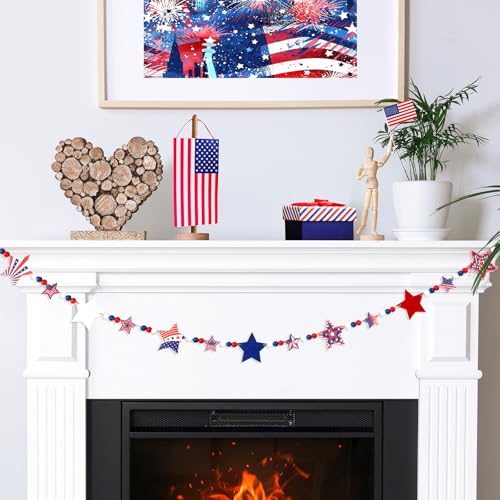 Image of MARFOREVER Patriotic Wooden Bead Garland Independence Day Decorations 4.2 FT