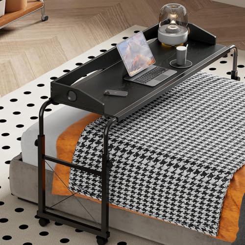 RsxPtyxagoros Overbed Table with Wheels Overbed Desk with Adjustable Length and Height Rolling Over Bed Desk King Queen Over The Bed Table on Wheels (Black)